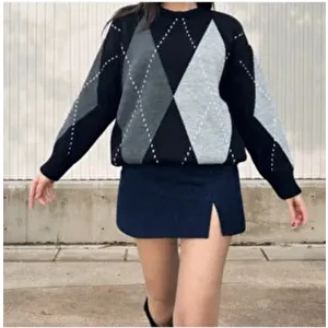 Siyah Gri Baklava Desen Oversize Triko