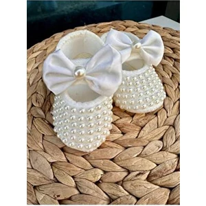 Kız Bebek Fiyonk Detay Parlak Incili 0-6 Ay Arası 10CM Hediyelik Patik Lüx Cırtcıtlı