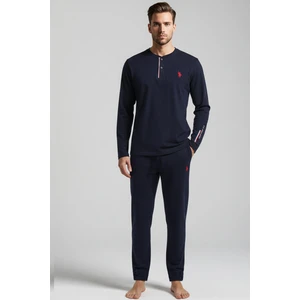 U.S. Polo Assn. Erkek Uzun Kollu Lacivert Düğmeli Yaka Düz Paça Pijama Takımı C9T5N981