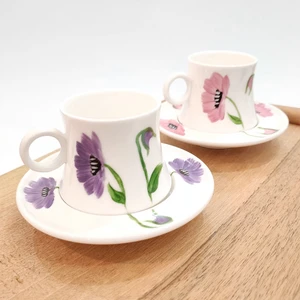 Mimoza Porselen Mor ve Pembe Gelincik Desen El Yapımı Kahve Fincanı 2'li Takım