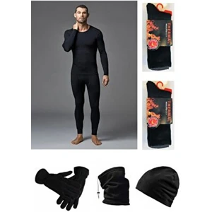 Erkek Siyah Termal Alt Üst Takım-Polar Şapka-Eldiven-Boyunluk-2 Çift Termal Çorap Set