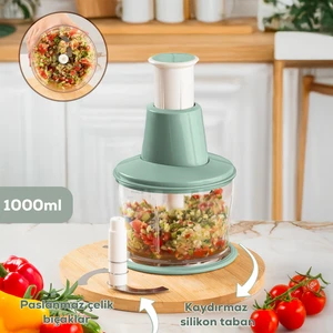 232 Basmalı Pratik El Rondosu 3 Bıçaklı Blender Doğrayıcı 1000ML Yeşil