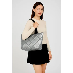 Omuz Çantası Gümüş Gri Kapitone Baklava Desenli Büyük Boy El ve Omuz Çantası 45X25X10 cm
