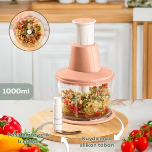 232-1 Basmalı Pratik El Rondosu 3 Bıçaklı Blender Doğrayıcı 1000ML Pembe