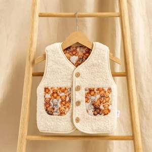 Unisex Welsoft Kuzu Içi Pamuk Astarlı Cepli Ayıcık Baskılı Yumuşacık 1-4 Yaş Yelek