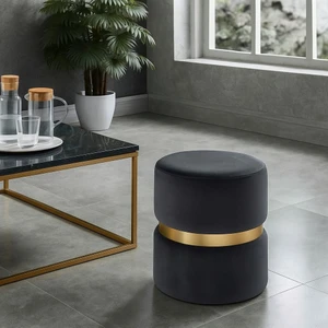 Luxery Puf - Antrasit Spor Dikişli Gold Detaylı Silinebilir Kadife Kumaş Modern Lüx Puf-Makyaj Pufu