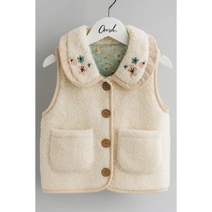 Kız Çocuk Welsoft Kuzu Içi Deseni Pamuk Astarlı Çiçek Nakışlı Cepli 1-4 Yaş Yelek