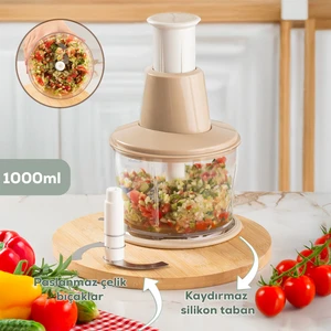 232-2 Basmalı Pratik El Rondosu 3 Bıçaklı Blender Doğrayıcı 1000ML Cappuccino