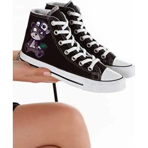 Unisex Spor Ayakkabı Siyah Beyaz Kuromi Korsan Ayıcık Baskılı Süet Düz Taban