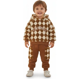 Unisex Çocuk Kahverengi Dama Desenli Kapüşonlu Pelüş Kargo Cepli Kışlık Eşofman Takımı