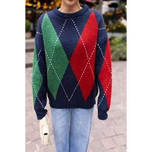 Kırmızı-Lacivert Baklava Desen Oversize Triko