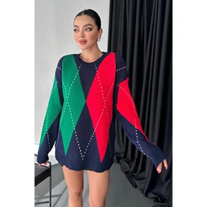 Askı Nişantaşı Oversize Triko Kazak Baklava Desen 108-00511 Uzun Kol Bisiklet Yaka Kışlık