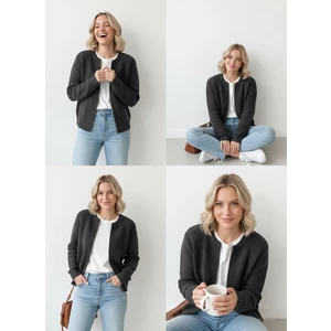 Basic Fermuarlı Kadın Hırka Gri Crop Fit Kalıp