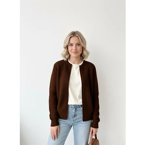 Basic Fermuarlı Kadın Hırka Kahverengi Crop Fit Kalıp