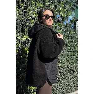 Peluşlu Siyah Bol Kesim Mont