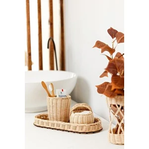Maison Avf Rattan Bambu 3'lü Banyo Seti Doğal Renkli Diş Fırçalık ve Pamukluk