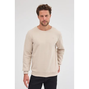 Erkek Bej Standart Fit Normal Kesim Pamuklu Basic Bisiklet Yaka Sweatshirt