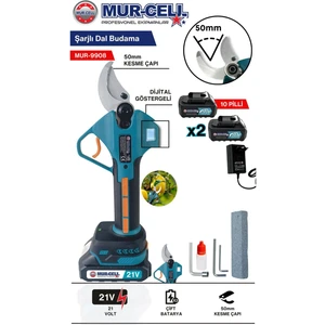 Mur-cell 9908  Dal Budama Makası 21v 2ah 50mm Kesme Çaplı Çelik Bıçak 5 pilli