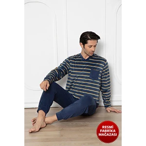 Lacivert Yatay Çizgili Erkek Kadife Pijama Takımı Bisiklet Yaka Uzun Kollu - 13017 - Aydogan ®