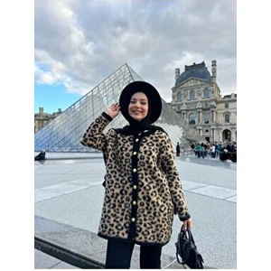 Leopar Triko Hırka Kadın Bisiklet Yaka Leopar Desenli Kahverengi Yünlü Hırka