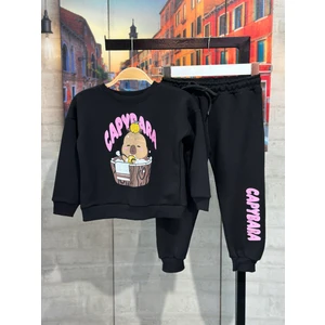 Matu Kids Siyah Capybara Baskılı 3 Iplik Kız Çocuk Eşofman Takım 3-10 Yaş