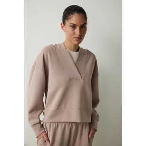 Bej Kapüşonlu Modal Crop Sweatshirt