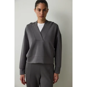 Antrasit Kapüşonlu Modal Crop Sweatshirt