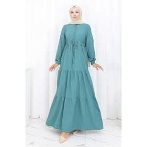 Kolu Lastikli Belden Bağlamalı Elbise 2158-04 Petrol