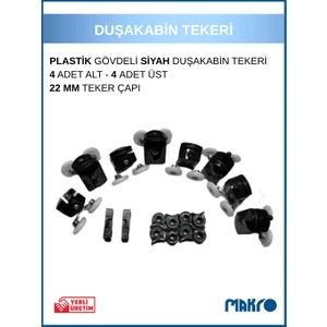 Duşakabin Tekerleği 8'li Cam Kabin Tekeri Rulman Siyah Plastik Gövdeli Çift Tekerlekli