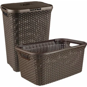 2'li Set Hasır Desenli Plastik Kahverengi Çamaşır Sepeti & Kahverengi Çamaşır Selesi