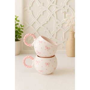 2 ' Li Örgü Kulp Baloncuk Pembe Fiyonk Desenli Özel Kabartmalı El Işlemeli Seramik Kupa
