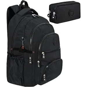 2'li Set Lüx Krinkıl Kumaş Lise ve Ortaokul Sırt Çantası + Kalemlik, Maymun Anahtarlık Hediyeli