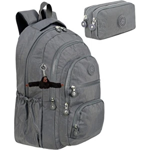 2'li Set Lüx Krinkıl Kumaş Lise ve Ortaokul Sırt Çantası + Kalemlik, Maymun Anahtarlık Hediyeli