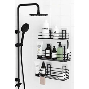Delmeden Yapıştır – 3 Katlı Banyo Duvar Rafı, Şampuan & Duş Organizer, Siyah Ömür Boyu Paslanmaz