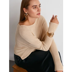 10804 Kayık Yaka Basic Triko Kazak-Bej