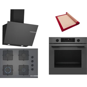 Gri 3 Lü Ankastre Set 378 ( HUA736EN0T - POP7C9P30O - DWK66PJ70T  ) 67CM Ocak - Buhar Destekli - Pişirme Matı ile