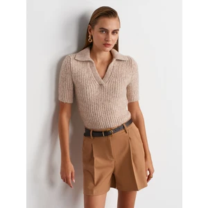 10814 Polo Yaka Yumuşak Dokulu Triko Kazak-Bej Melanj