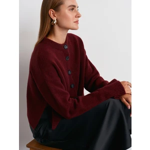 60280 Dik Yaka Düğmeli Yumuşak Dokulu Yırtmaçlı Triko Hırka-Bordo M.