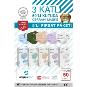 Meltblown Filtreli 3 Katlı 5 Farklı Renk Cerrahi Maske (50 Adet/ 5 Kutu)