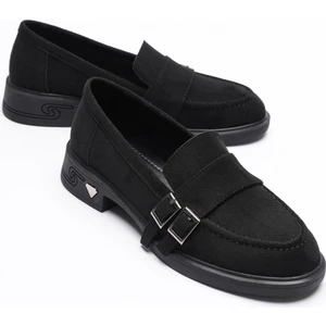 Kadın Süet Loafer Platin Tokalı Siyah Viva