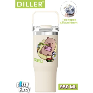 Dıller Tumbler 950 ml Tek Kapak Çift Kullanım Pipetli/pipetsiz Taşıma Kulplu Çelik TERMOS-FFDILLERD9358