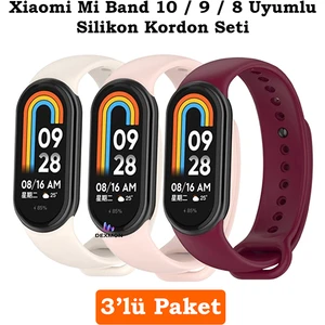 Xiaomi Mi Band 8 Mi Band 9 Mi Band 10 Uyumlu 3lü Paket Silikon Kordon Bileklik Metal Pimli