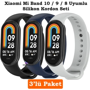 Xiaomi Mi Band 8 Mi Band 9 Mi Band 10 Uyumlu 3lü Paket Silikon Kordon Bileklik Metal Pimli