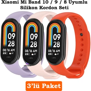 Xiaomi Mi Band 8 Mi Band 9 Mi Band 10 Uyumlu 3lü Paket Silikon Kordon Bileklik Metal Pimli