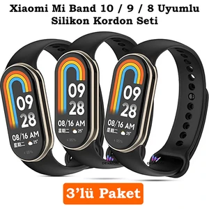 Xiaomi Mi Band 8 Mi Band 9 Mi Band 10 Uyumlu 3lü Paket Silikon Kordon Bileklik Metal Pimli