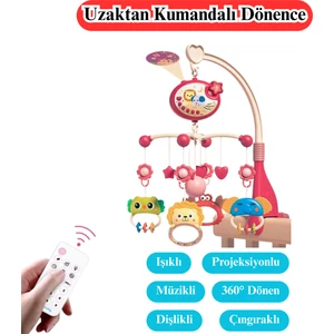 Pilli Işıklı Müzikli Projektörlü Kumandalı Sabitlemeli Dönence Çıngıraklı Dişlikli Bebek Yatıştırıcı Kırmızı ve Mavi