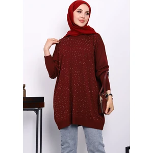 İmaj Butik Bordo Bisiklet Yaka Taş İşlemeli Tunik