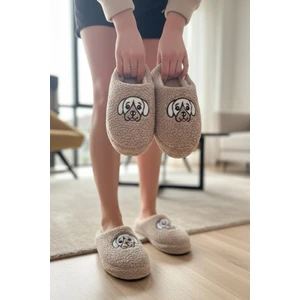 Ft 102 Köpek Nakışlı Kadın Ev Terliği Peluş Terlik Çeyiz ve Bohça Terliği Ses Yapmaz Kalın Taban