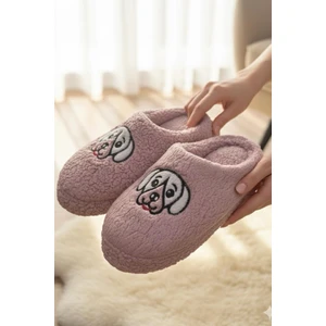 Ft 102 Köpek Nakışlı Kadın Ev Terliği Peluş Terlik Çeyiz ve Bohça Terliği Ses Yapmaz Kalın Taban