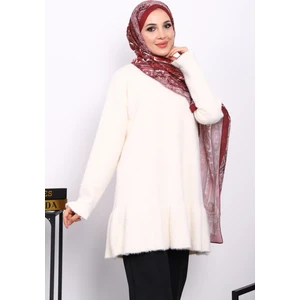 Krem Volanlı Angora Yumoş Triko Tunik